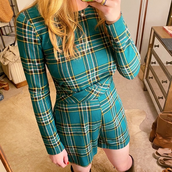 Green plaid mini jumpsuit - Picture 2 of 3